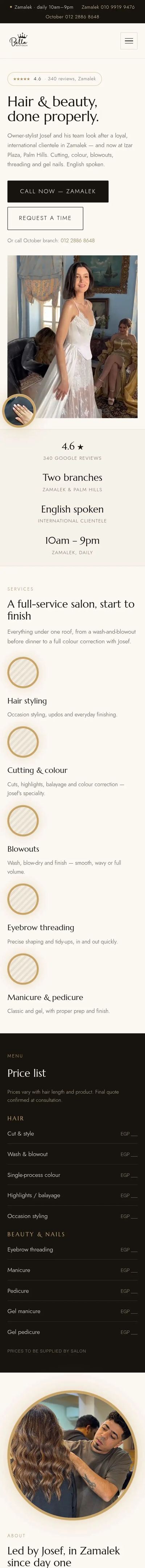 Bella Beauty Salon website on mobile