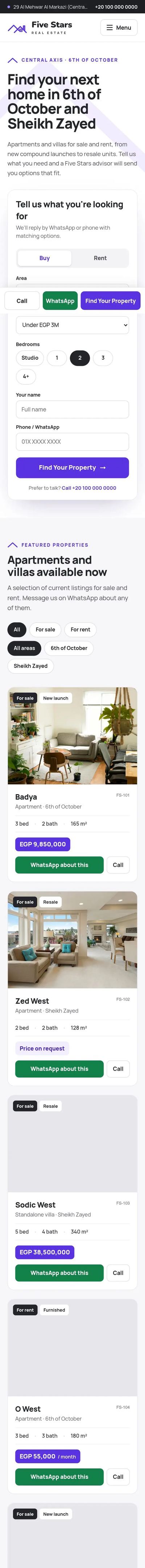 Five Stars Real Estate website on mobile